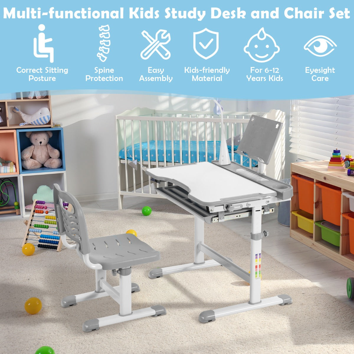 LIVSK Kindertafel en Stoel met LED-lamp - Verstelbare Hoogte - Inklapbaar - Duurzaam en Veilig - Tot 100 kg - Grijs