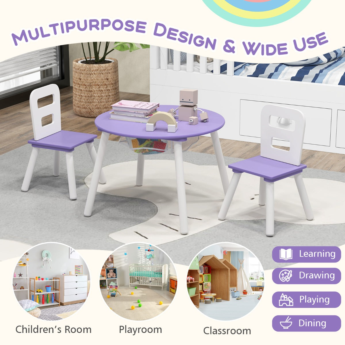 LIVSK Kindermeubelset - 3-Delig Houten Set met 2 Stoelen en Ronde Tafel - Stimuleert Motoriek - Veilig en Ergonomisch - Paars