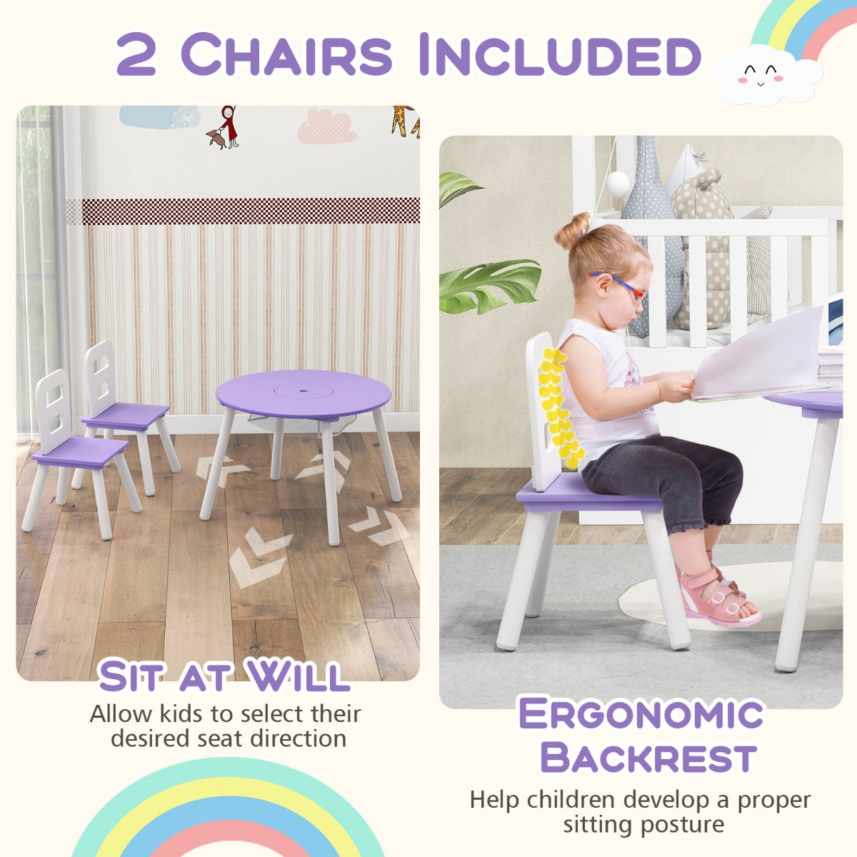 LIVSK Kindermeubelset - 3-Delig Houten Set met 2 Stoelen en Ronde Tafel - Stimuleert Motoriek - Veilig en Ergonomisch - Paars