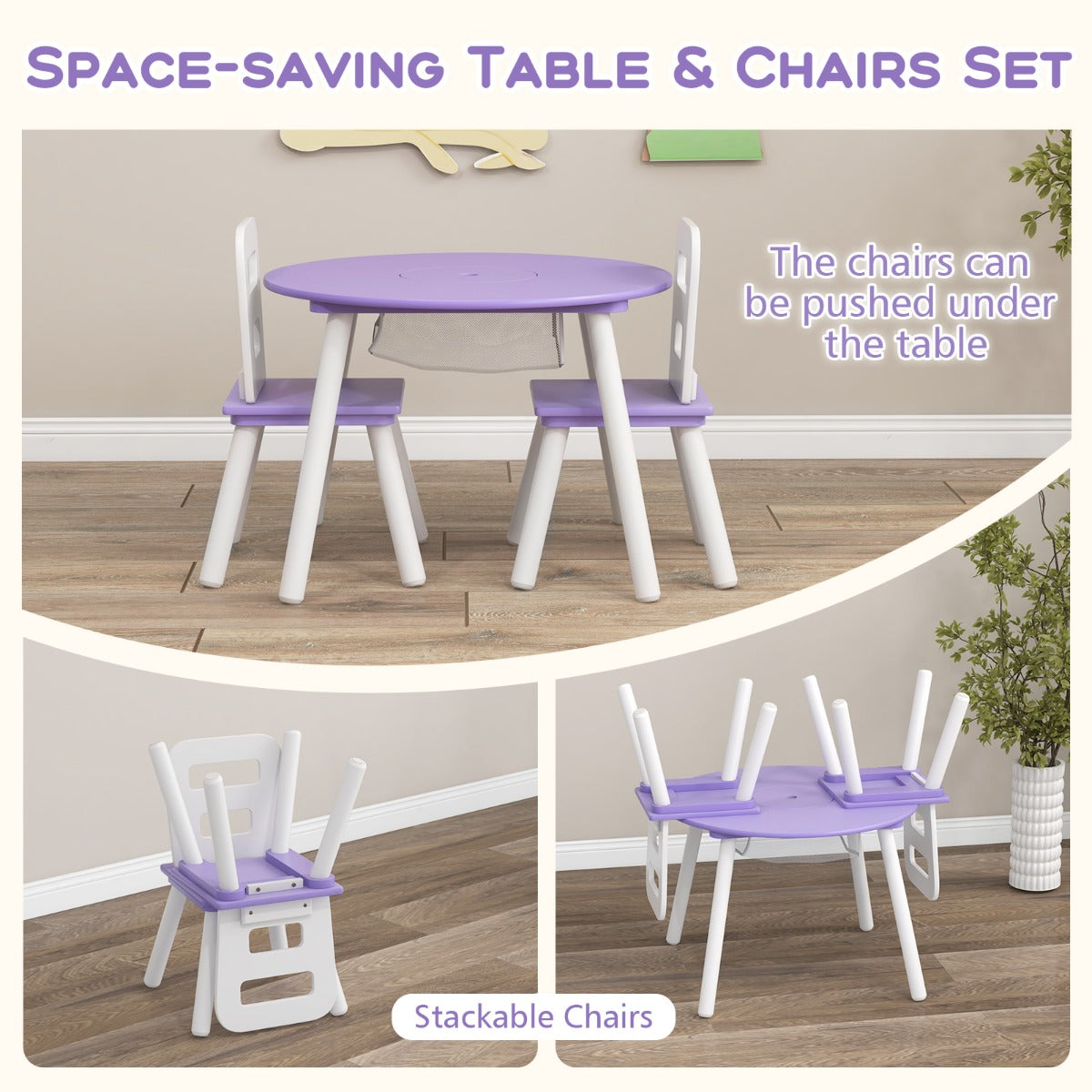 LIVSK Kindermeubelset - 3-Delig Houten Set met 2 Stoelen en Ronde Tafel - Stimuleert Motoriek - Veilig en Ergonomisch - Paars