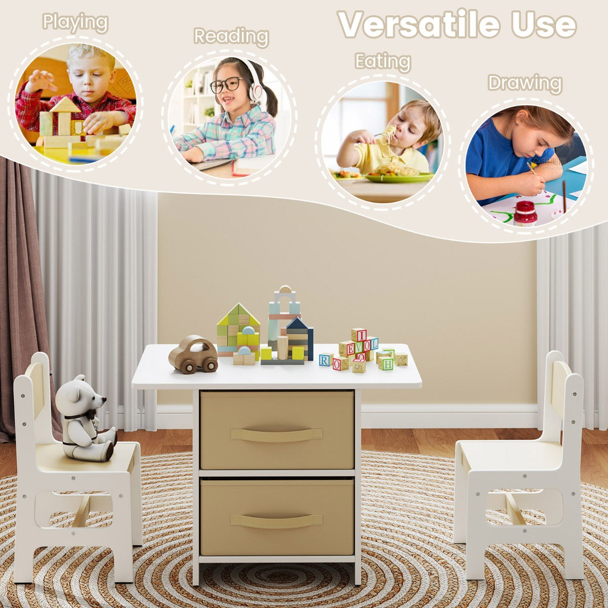 LIVSK Kindertafel en Stoelset - Activiteitstafel met 2 Stoelen - Opbergvakken met Uitneembare Laden - Voor Kinderen 3+ - Grijs +