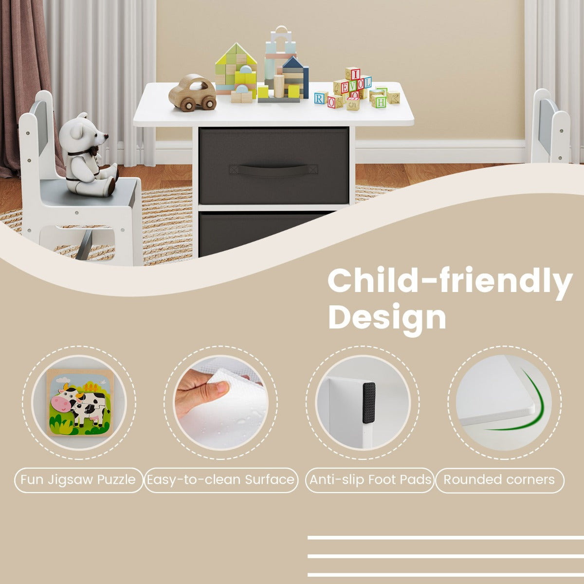 LIVSK Kindertafel en Stoelset - Activiteitstafel met 2 Uitneembare Laden - Veilig en Ergonomisch - Voor Kinderen vanaf 3 Jaar -