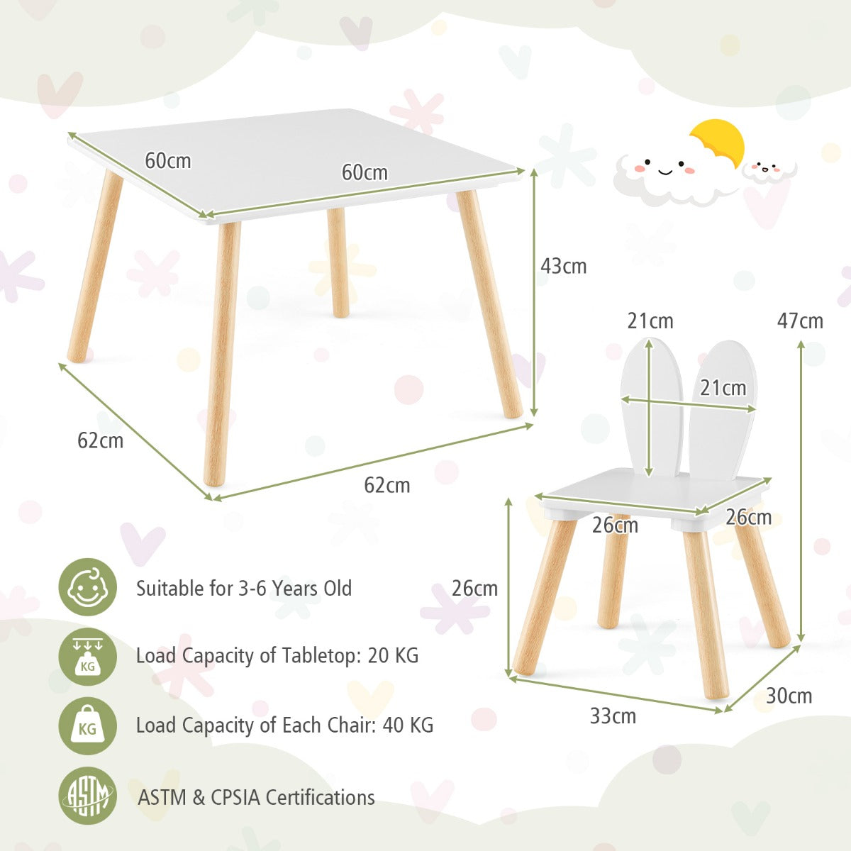 LIVSK Kindertafelset - Inclusief 2 Stoelen met Hazenoren - Ergonomisch en Veilig - Tot 40 kg per Stoel - Wit