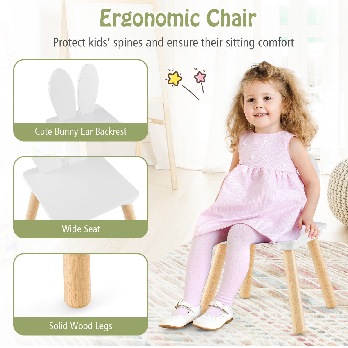 LIVSK Kindertafelset - Inclusief 2 Stoelen met Hazenoren - Ergonomisch en Veilig - Tot 40 kg per Stoel - Wit
