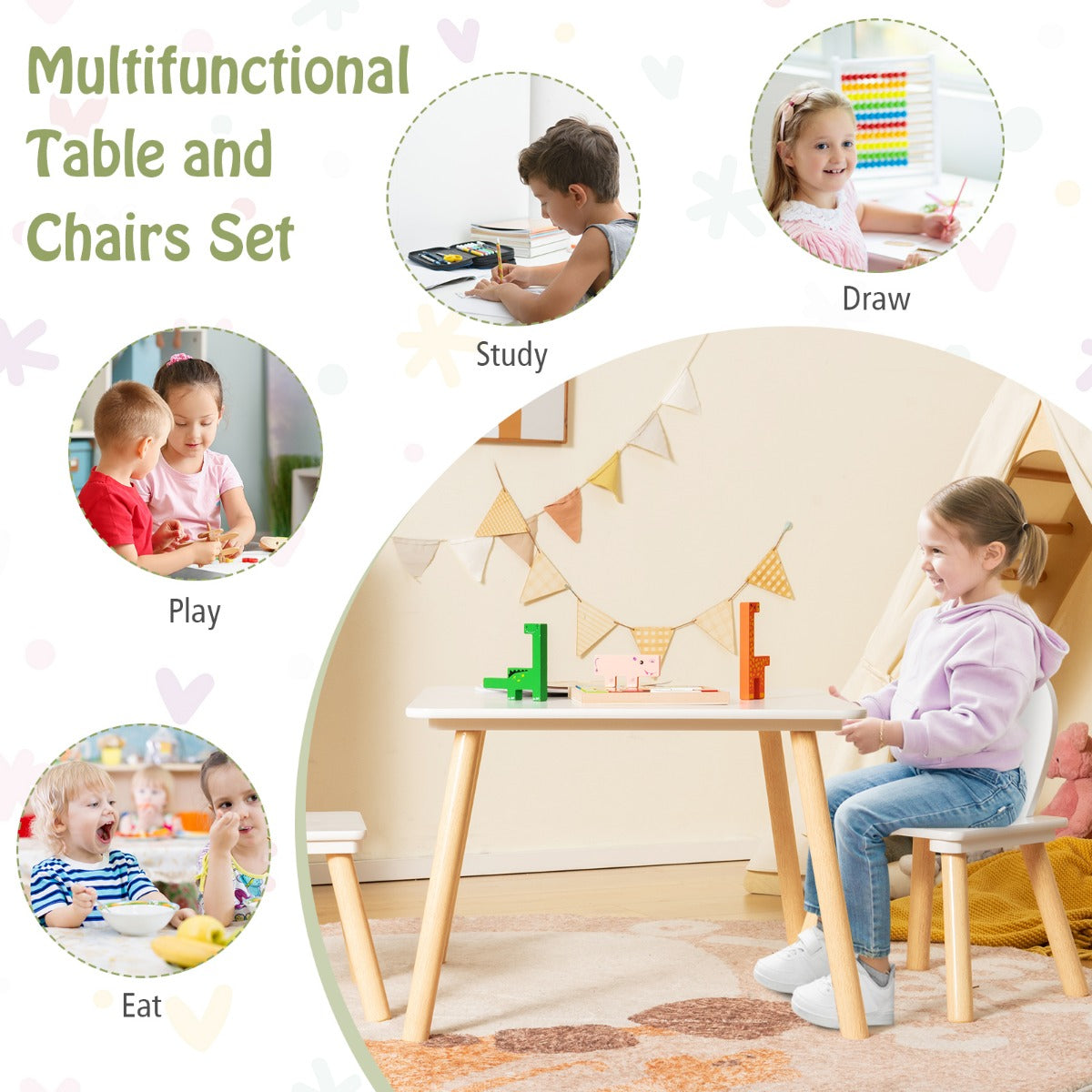 LIVSK Kindertafelset - Inclusief 2 Stoelen met Hazenoren - Ergonomisch en Veilig - Tot 40 kg per Stoel - Wit