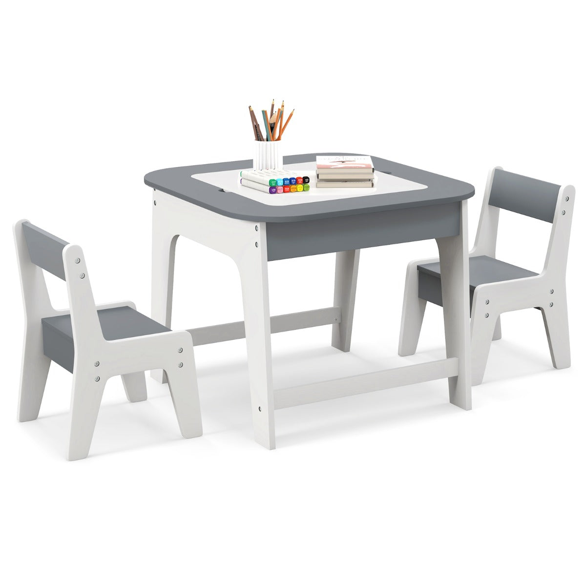 LIVSK Kindertafel met Stoelen - Dubbelzijdig Tafelblad - Verborgen Opbergruimte - Ergonomische Stoelen - Grijs/Naturel