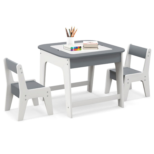 LIVSK Kindertafel met Stoelen - Dubbelzijdig Tafelblad - Verborgen Opbergruimte - Ergonomische Stoelen - Grijs/Naturel