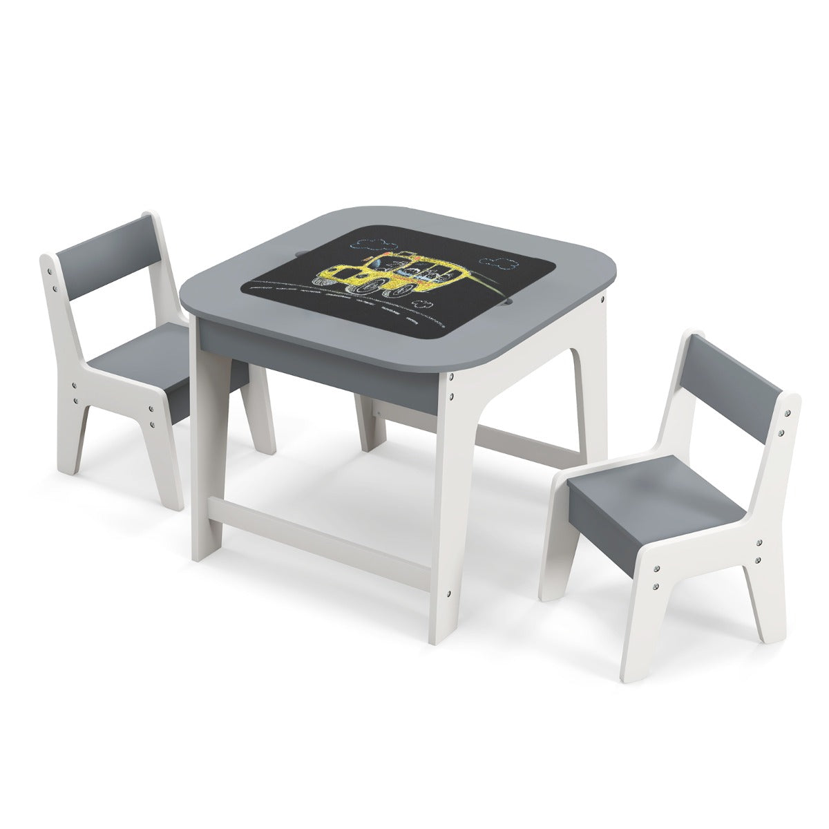 LIVSK Kindertafel met Stoelen - Dubbelzijdig Tafelblad - Verborgen Opbergruimte - Ergonomische Stoelen - Grijs/Naturel
