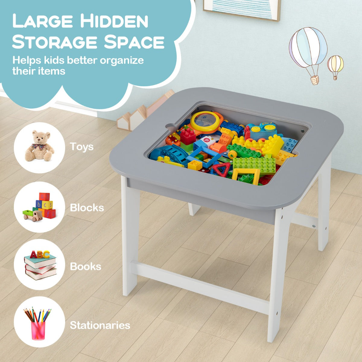 LIVSK Kindertafel met Stoelen - Dubbelzijdig Tafelblad - Verborgen Opbergruimte - Ergonomische Stoelen - Grijs/Naturel