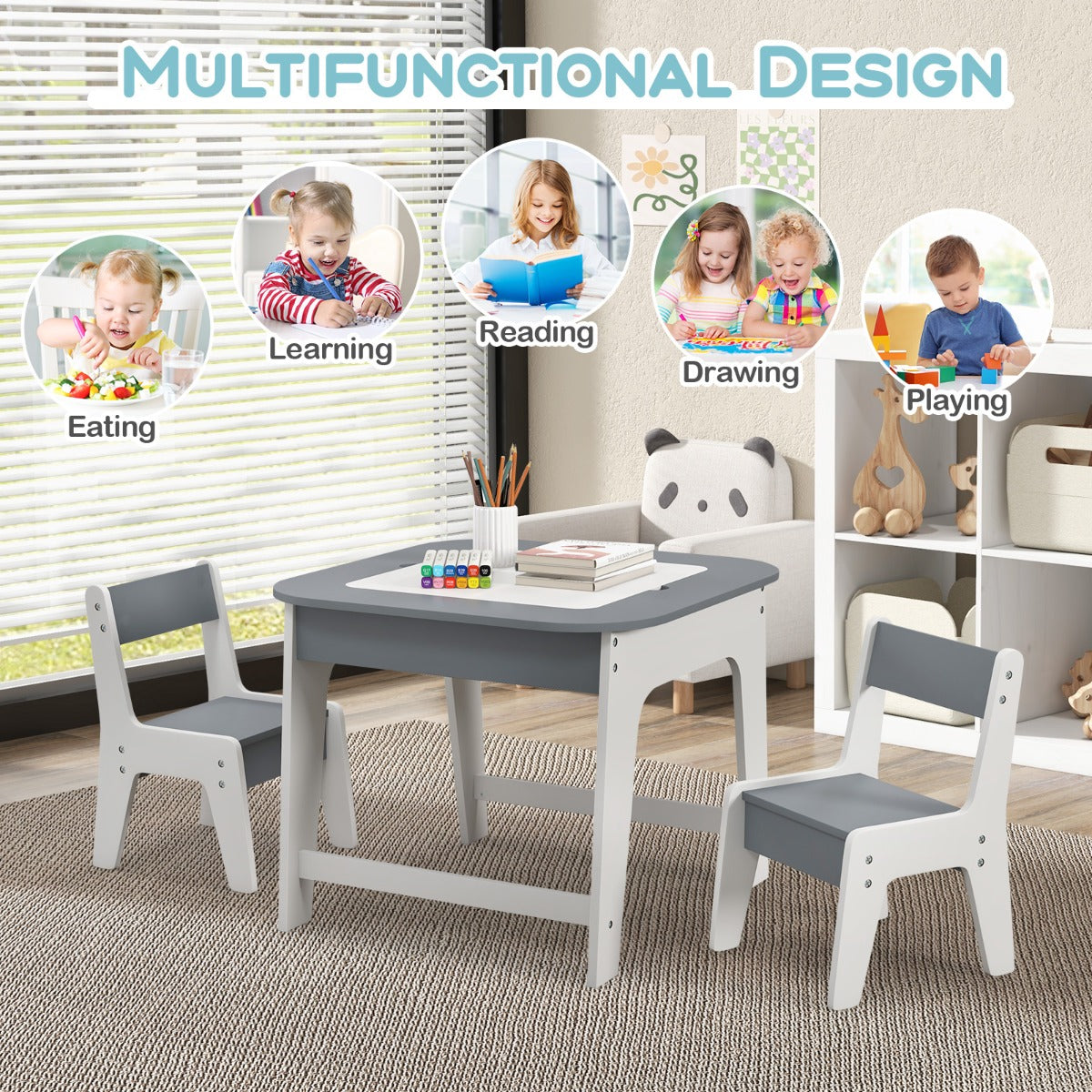 LIVSK Kindertafel met Stoelen - Dubbelzijdig Tafelblad - Verborgen Opbergruimte - Ergonomische Stoelen - Grijs/Naturel