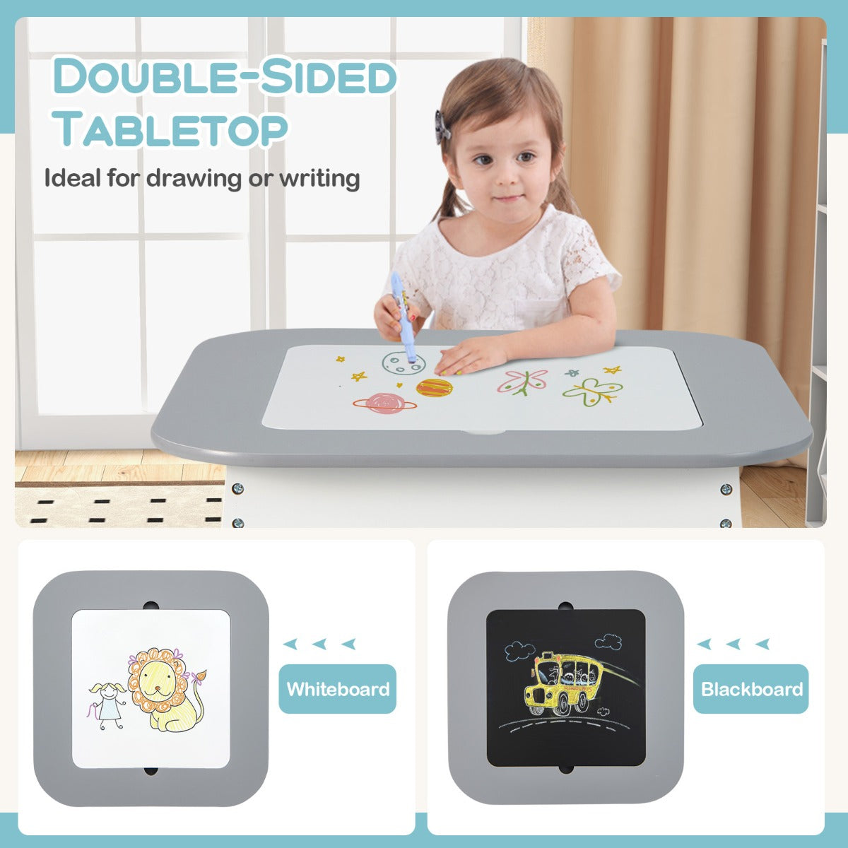LIVSK Kindertafel met Stoelen - Dubbelzijdig Tafelblad - Verborgen Opbergruimte - Ergonomische Stoelen - Grijs/Naturel