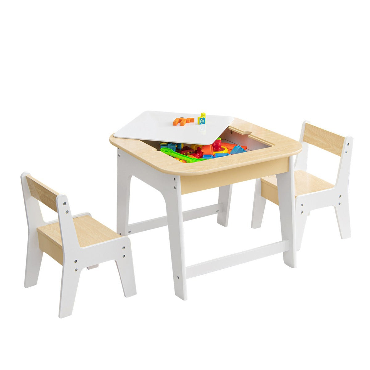 LIVSK Kindertafel met Stoelen - Dubbelzijdig Tafelblad - Verborgen Opbergruimte - Ergonomische Stoelen - 60 x 60 x 49 cm -