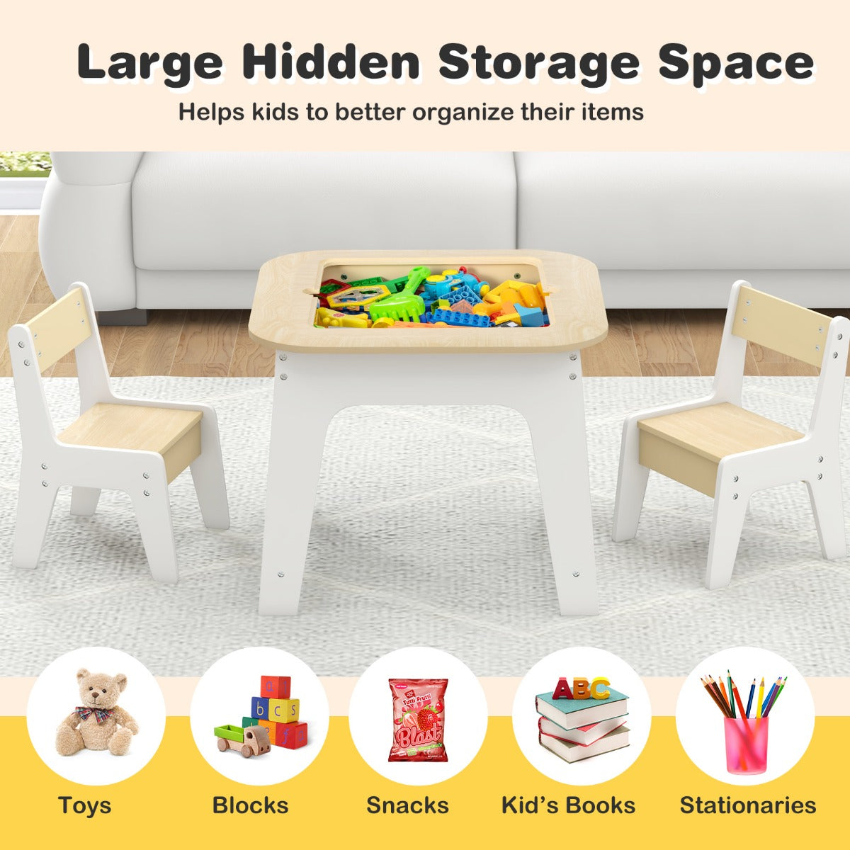 LIVSK Kindertafel met Stoelen - Dubbelzijdig Tafelblad - Verborgen Opbergruimte - Ergonomische Stoelen - 60 x 60 x 49 cm -