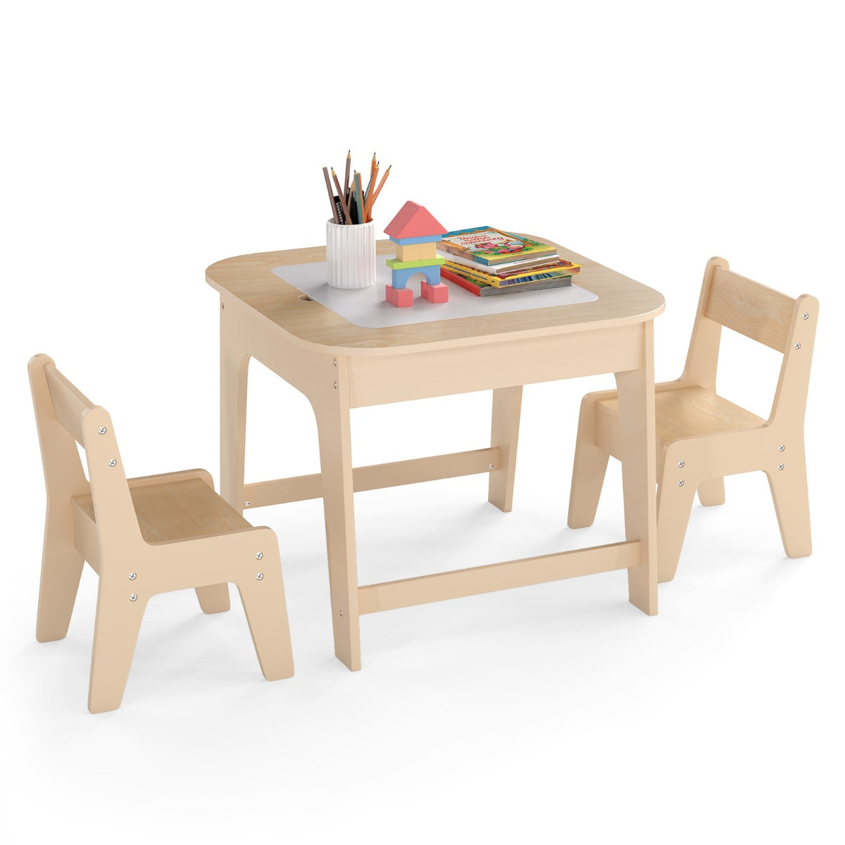 LIVSK Kindertafel met 2 Stoelen - Dubbelzijdig Tafelblad - Verborgen Opbergruimte - Ergonomische Stoelen - Voor Kinderen van 3-6