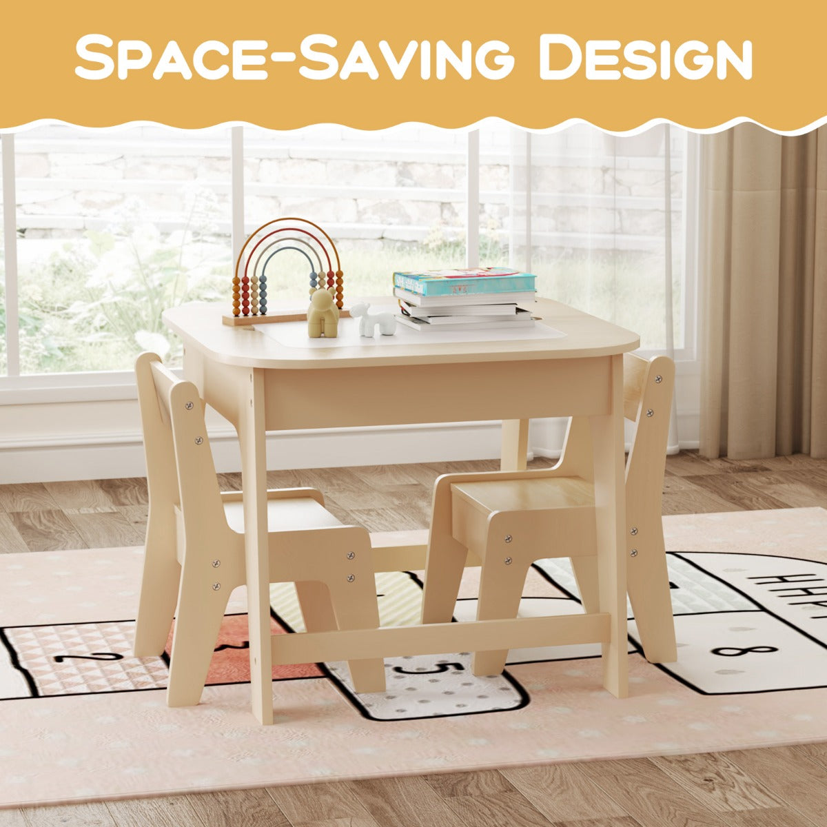 LIVSK Kindertafel met 2 Stoelen - Dubbelzijdig Tafelblad - Verborgen Opbergruimte - Ergonomische Stoelen - Voor Kinderen van 3-6