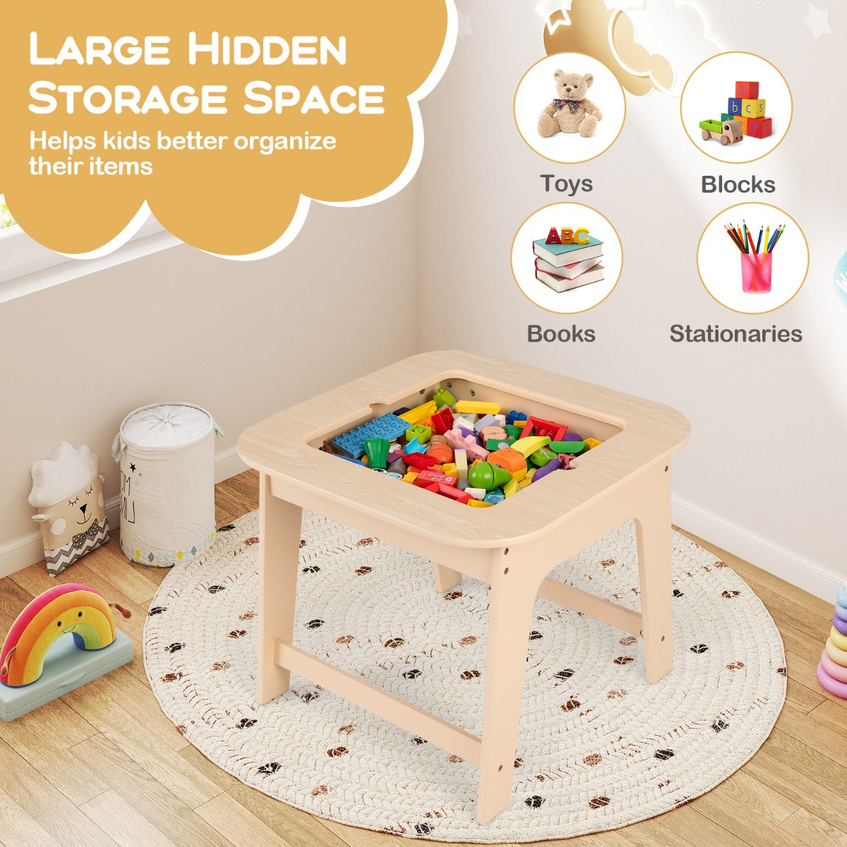 LIVSK Kindertafel met 2 Stoelen - Dubbelzijdig Tafelblad - Verborgen Opbergruimte - Ergonomische Stoelen - Voor Kinderen van 3-6