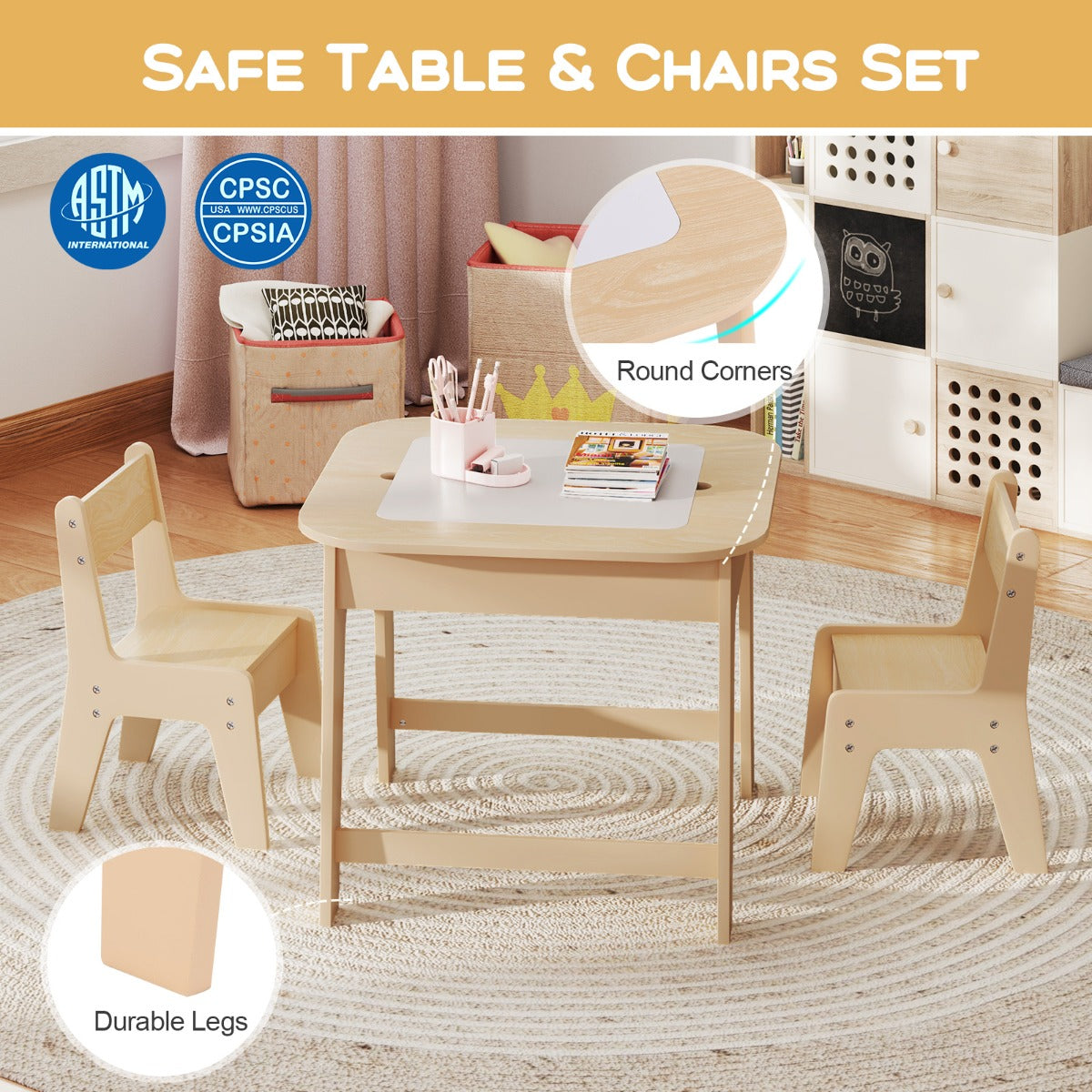 LIVSK Kindertafel met 2 Stoelen - Dubbelzijdig Tafelblad - Verborgen Opbergruimte - Ergonomische Stoelen - Voor Kinderen van 3-6