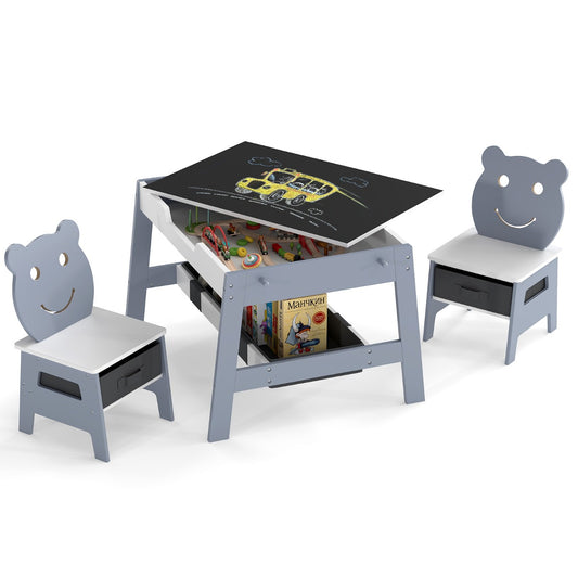 Livsk costway kindertafel met 2 stoelen 5 in 1 schattige kinderbureau set met omkeerbaar schoolbord whiteboard 4 haken opbergruimte en bakjes grijs model