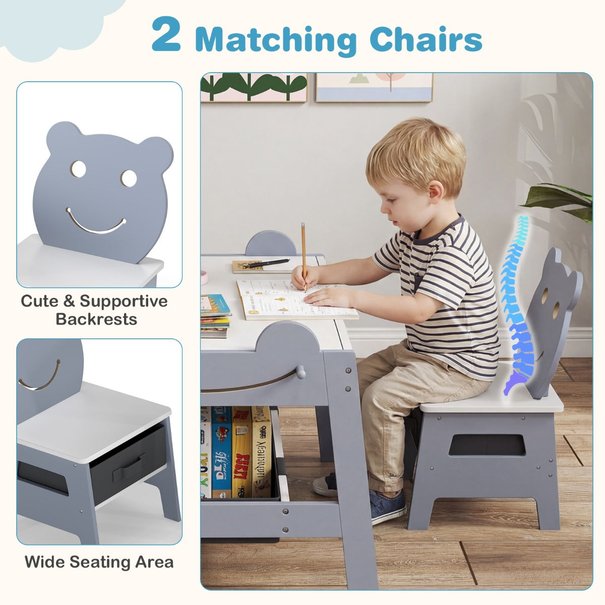 Livsk costway kindertafel met 2 stoelen 5 in 1 schattige kinderbureau set met omkeerbaar schoolbord whiteboard 4 haken opbergruimte en bakjes grijs model 2