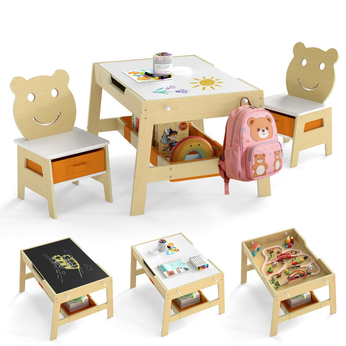 Livsk costway kindertafel met 2 stoelen 5 in 1 schattige kinderbureau set met omkeerbaar schoolbord whiteboard 4 haken opbergruimte en bakjes naturel model 1 1