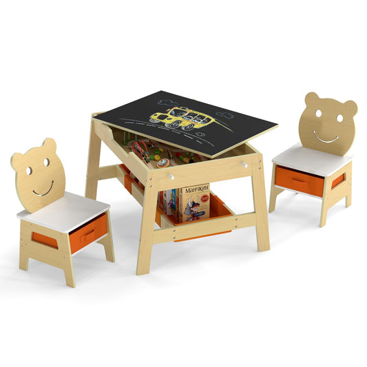 Livsk costway kindertafel met 2 stoelen 5 in 1 schattige kinderbureau set met omkeerbaar schoolbord whiteboard 4 haken opbergruimte en bakjes naturel model