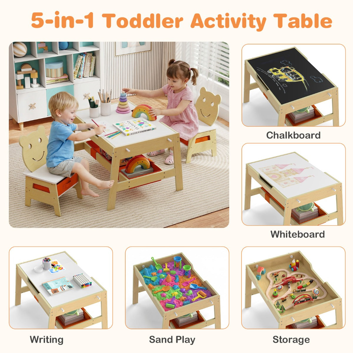 Livsk costway kindertafel met 2 stoelen 5 in 1 schattige kinderbureau set met omkeerbaar schoolbord whiteboard 4 haken opbergruimte en bakjes naturel model 1