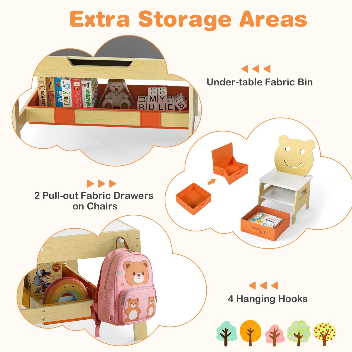 Livsk costway kindertafel met 2 stoelen 5 in 1 schattige kinderbureau set met omkeerbaar schoolbord whiteboard 4 haken opbergruimte en bakjes naturel model 1