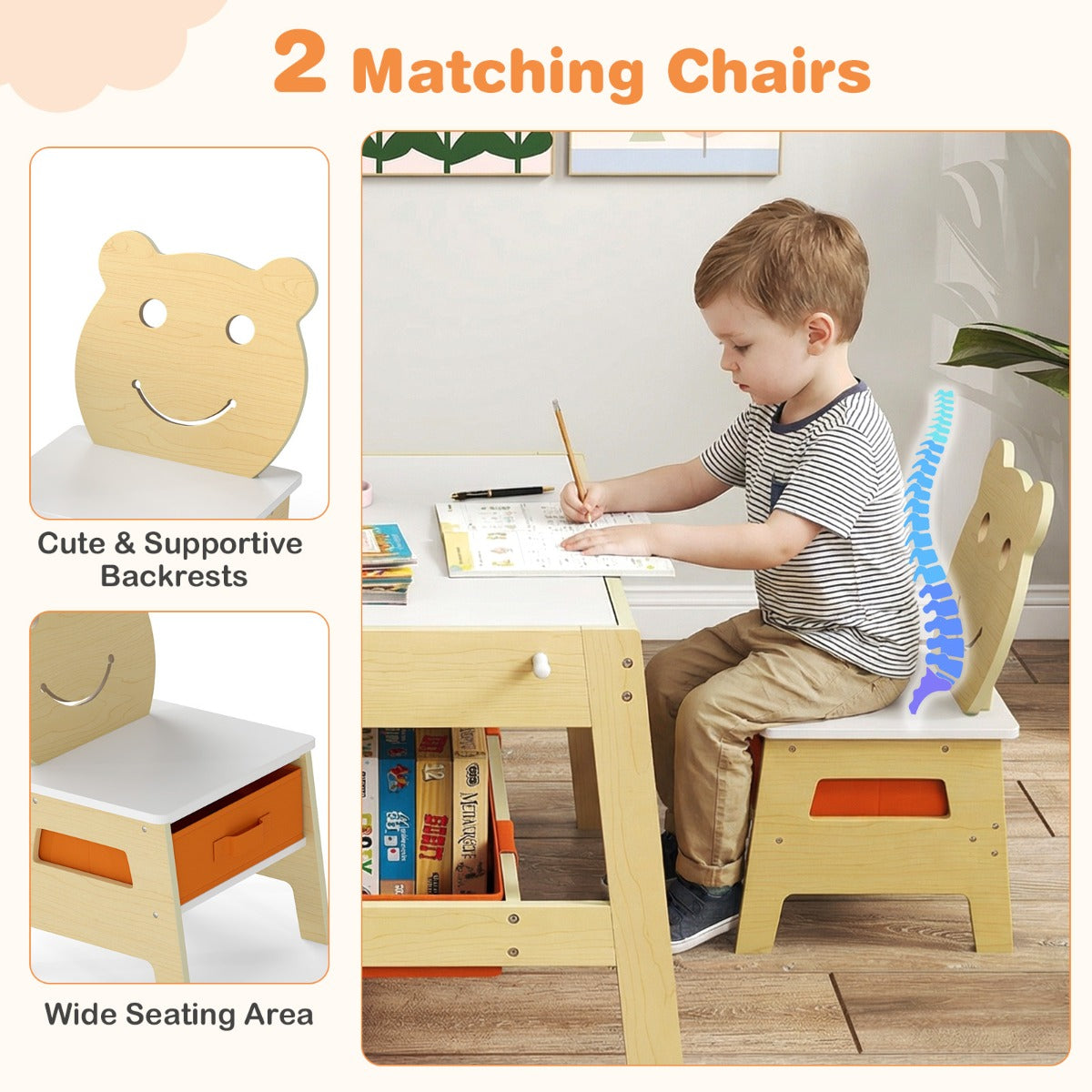 Livsk costway kindertafel met 2 stoelen 5 in 1 schattige kinderbureau set met omkeerbaar schoolbord whiteboard 4 haken opbergruimte en bakjes naturel model 1