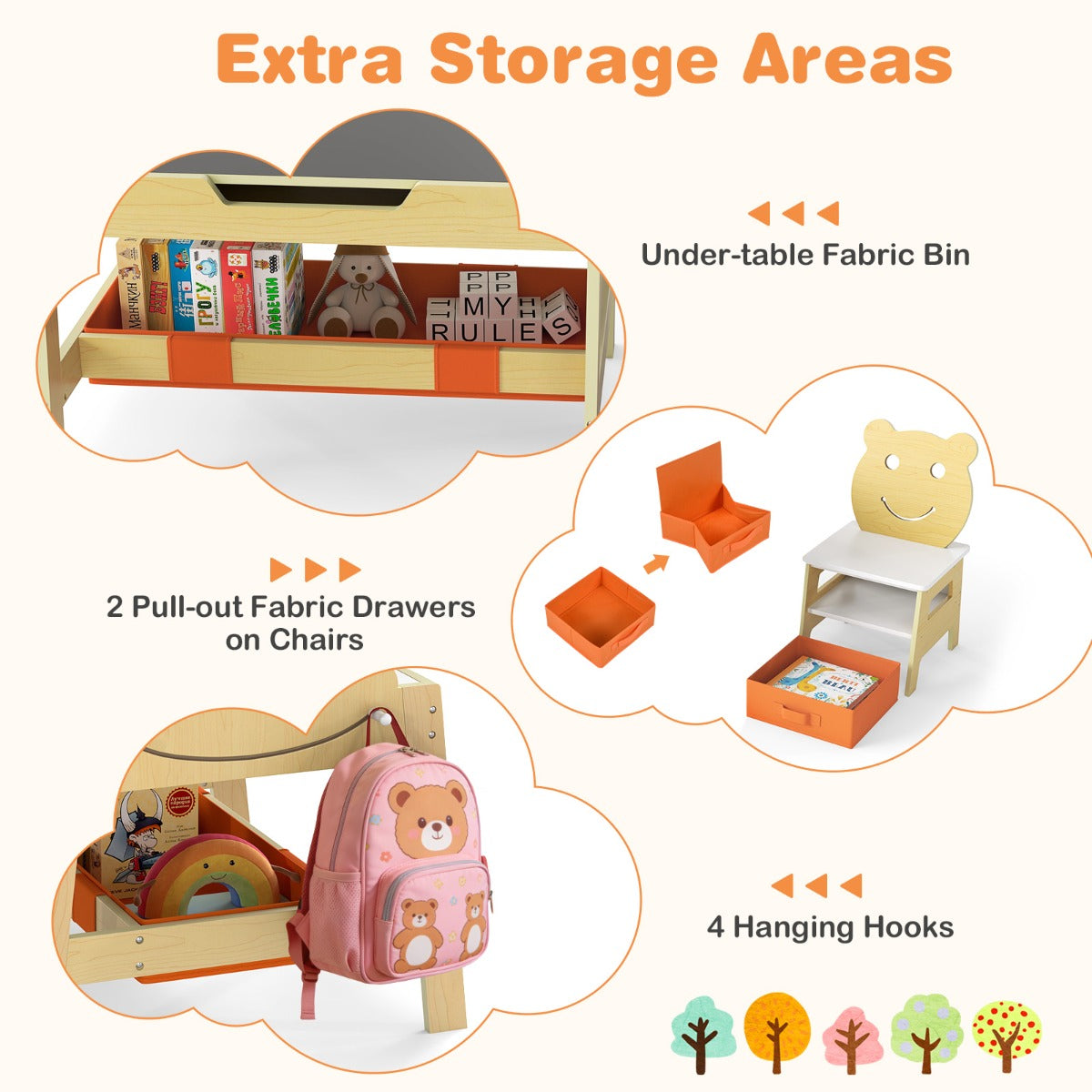Livsk costway kindertafel met 2 stoelen 5 in 1 schattige kinderbureau set met omkeerbaar schoolbord whiteboard 4 haken opbergruimte en bakjes naturel model 2