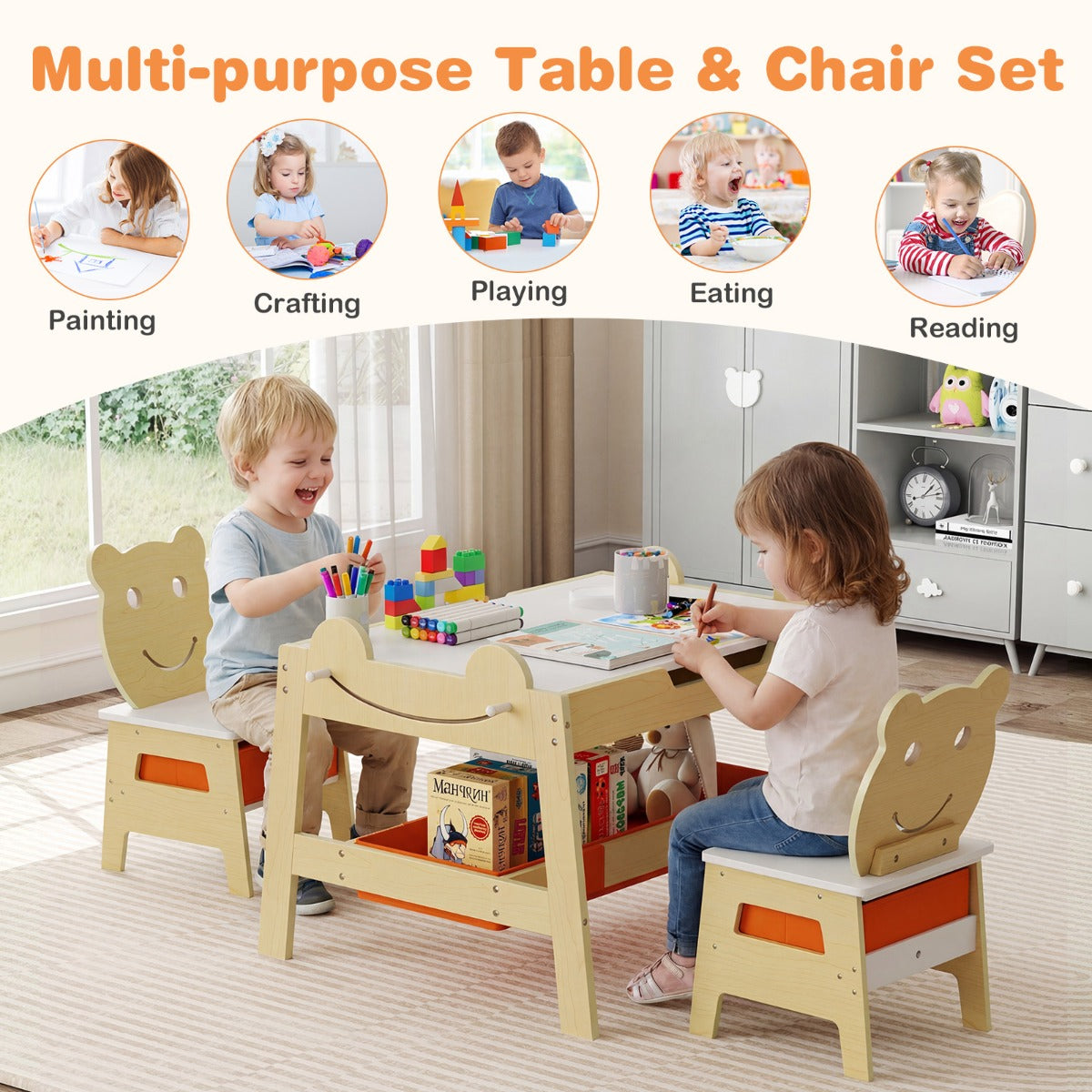 Livsk costway kindertafel met 2 stoelen 5 in 1 schattige kinderbureau set met omkeerbaar schoolbord whiteboard 4 haken opbergruimte en bakjes naturel model 2