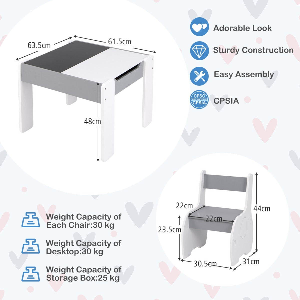LIVSK 4-in-1 Speeltafel en Stoelen Set - Omkeerbare Platen - Ergonomische Stoelen - Ruime Opbergruimte - Voor Kinderen 3-6 jaar -