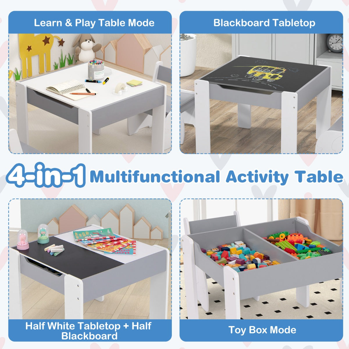 LIVSK 4-in-1 Speeltafel en Stoelen Set - Omkeerbare Platen - Ergonomische Stoelen - Ruime Opbergruimte - Voor Kinderen 3-6 jaar -