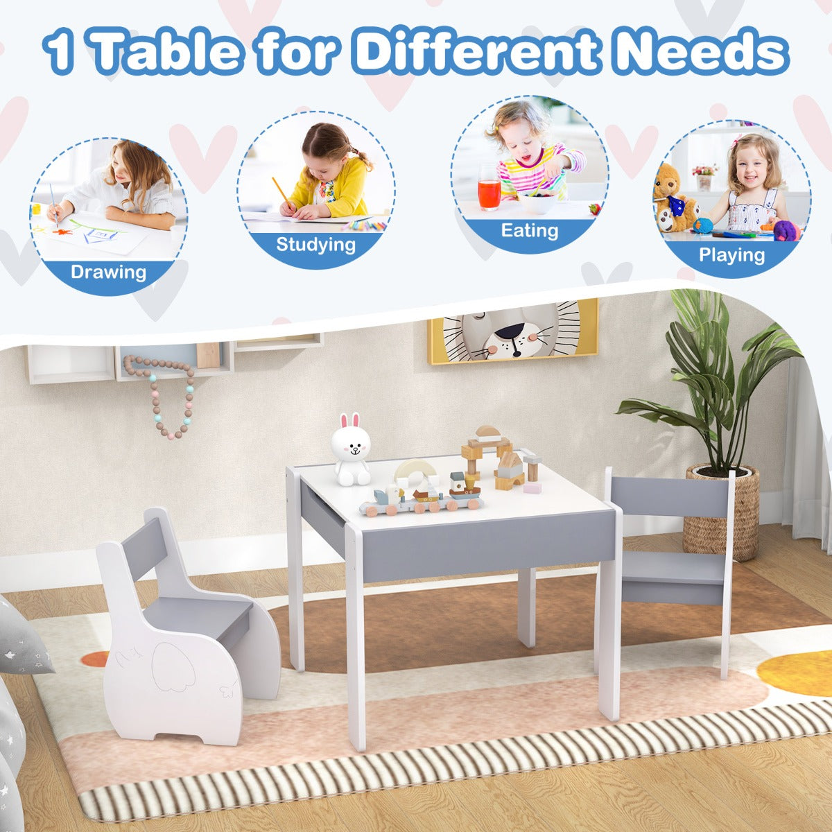 LIVSK 4-in-1 Speeltafel en Stoelen Set - Omkeerbare Platen - Ergonomische Stoelen - Ruime Opbergruimte - Voor Kinderen 3-6 jaar -