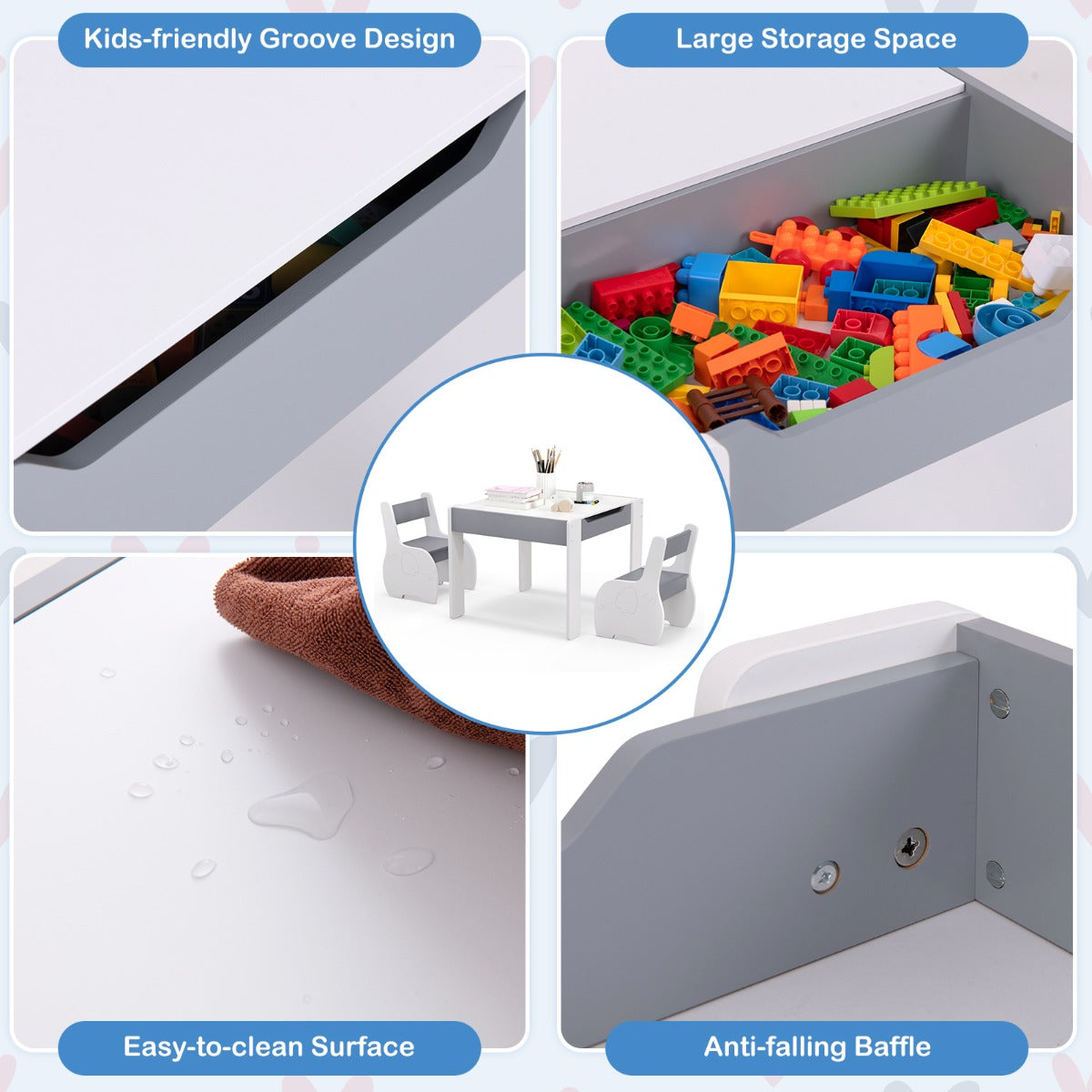 LIVSK 4-in-1 Speeltafel en Stoelen Set - Omkeerbare Platen - Ergonomische Stoelen - Ruime Opbergruimte - Voor Kinderen 3-6 jaar -
