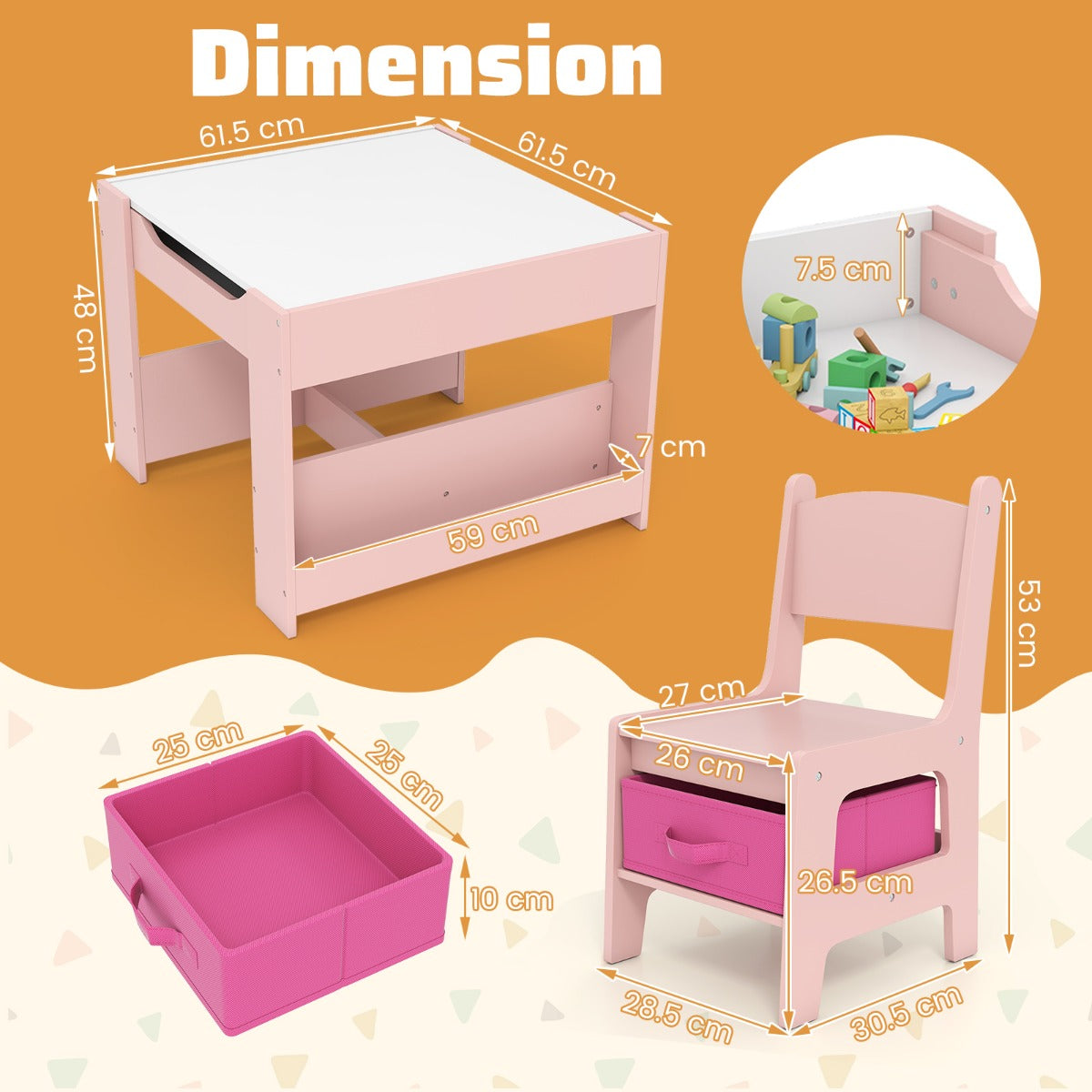 Livsk costway kindertafel met 2 stoelen omkeerbaar tafelblad boekenplanken 3 delige kindersitgroep wit roze 1 1