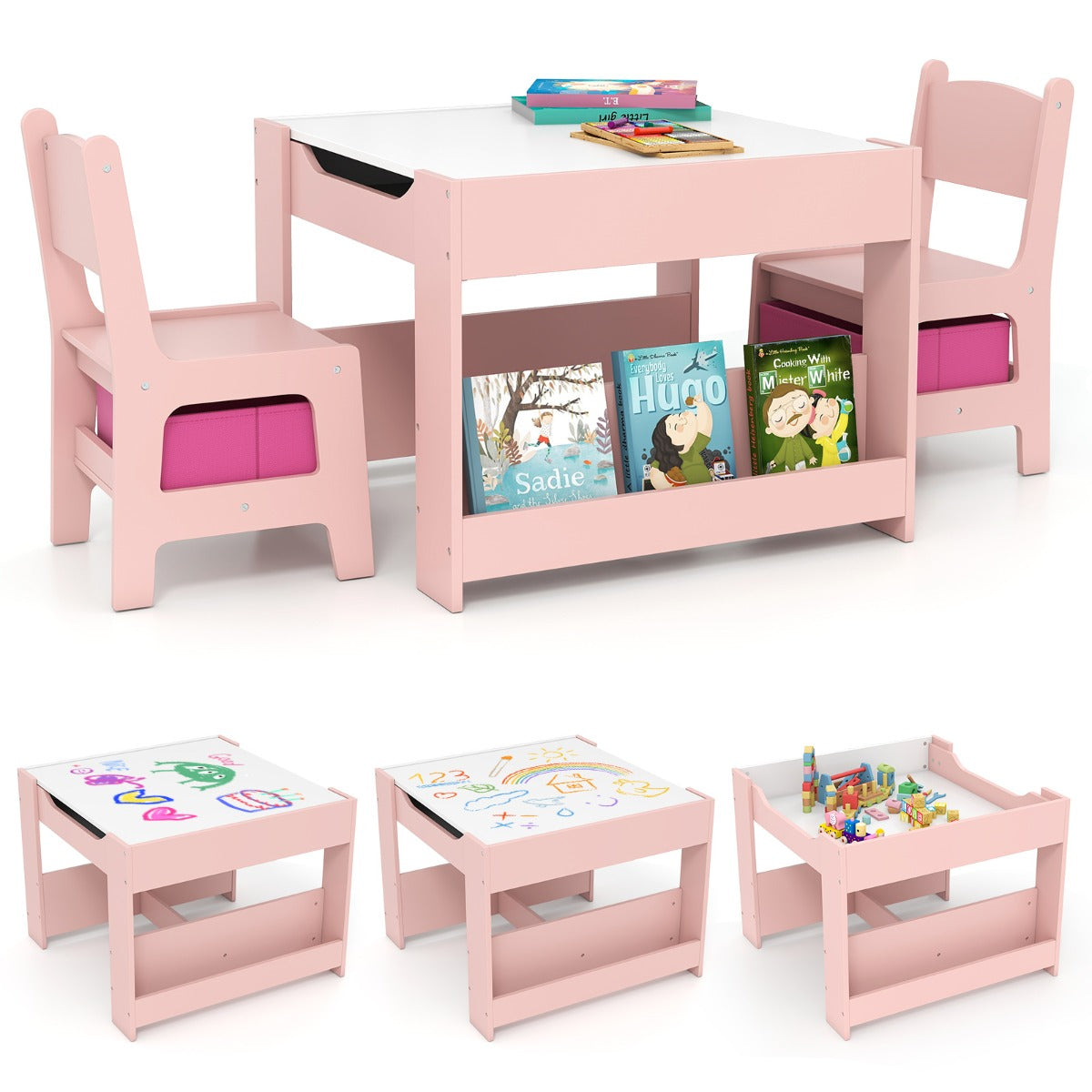 Livsk costway kindertafel met 2 stoelen omkeerbaar tafelblad boekenplanken 3 delige kindersitgroep wit roze