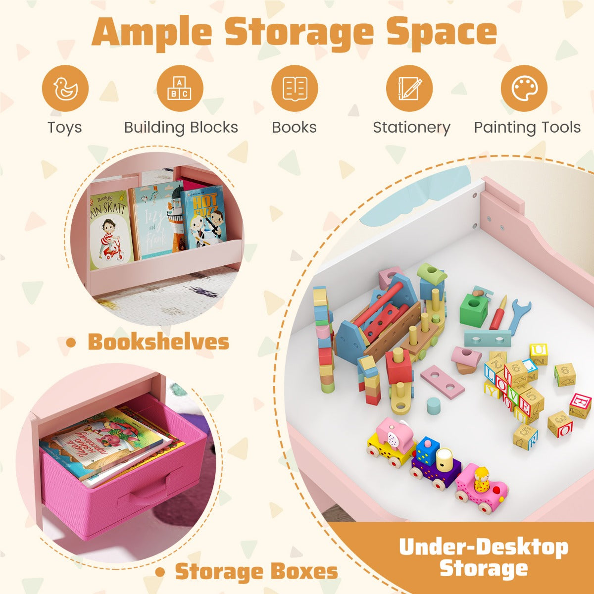 Livsk costway kindertafel met 2 stoelen omkeerbaar tafelblad boekenplanken 3 delige kindersitgroep wit roze 3