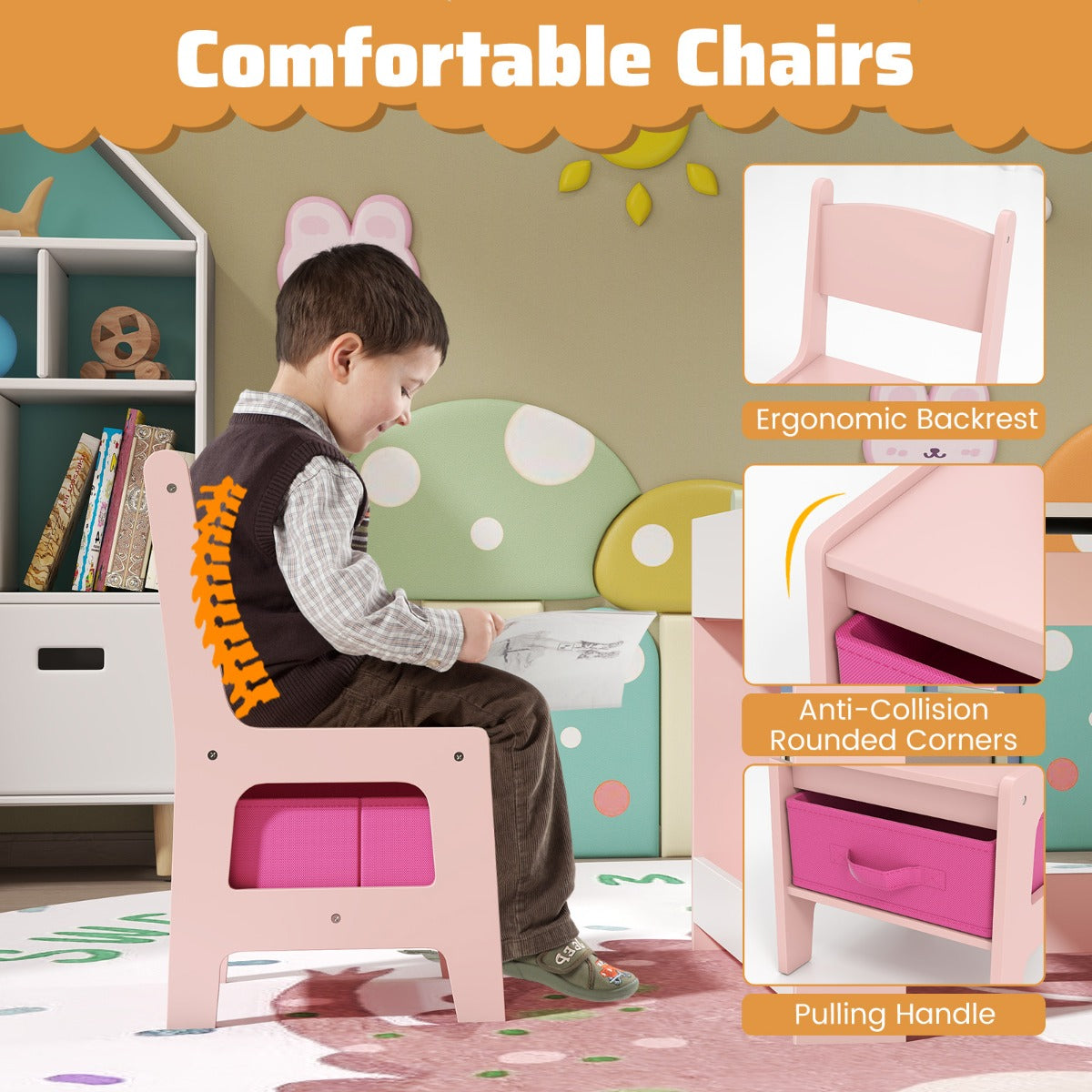 Livsk costway kindertafel met 2 stoelen omkeerbaar tafelblad boekenplanken 3 delige kindersitgroep wit roze 4