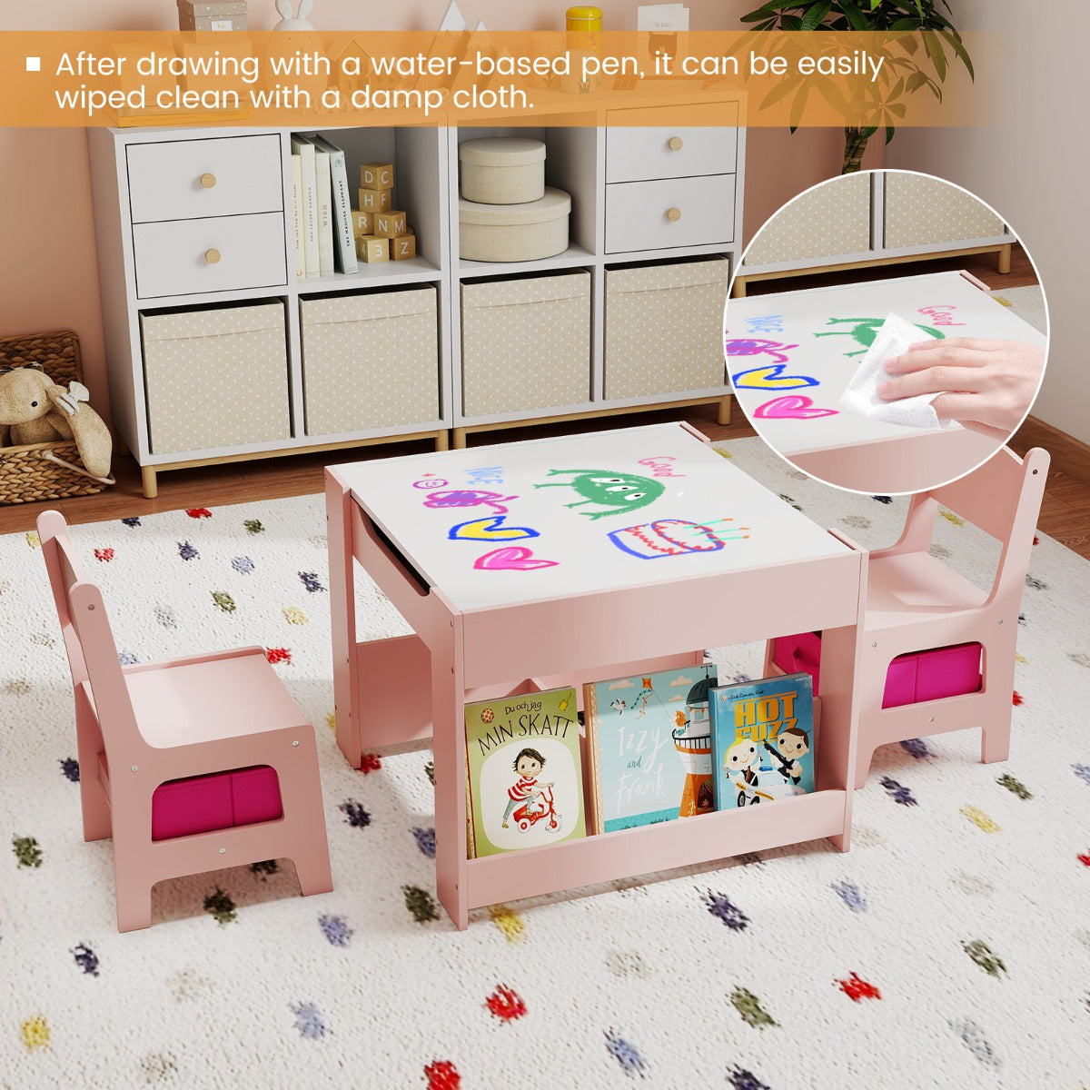 Livsk costway kindertafel met 2 stoelen omkeerbaar tafelblad boekenplanken 3 delige kindersitgroep wit roze 6
