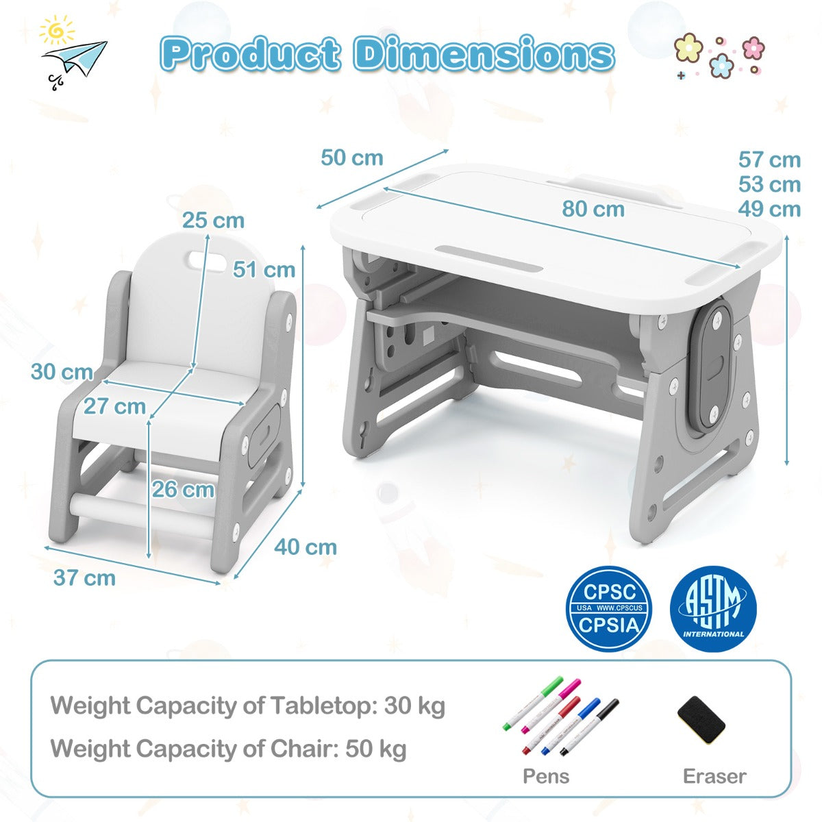 LIVSK Kindertafel en Stoel Set - Verstelbaar in Hoogte - Kantelbaar Whiteboard - Ergonomisch en Veilig Design - Grijs