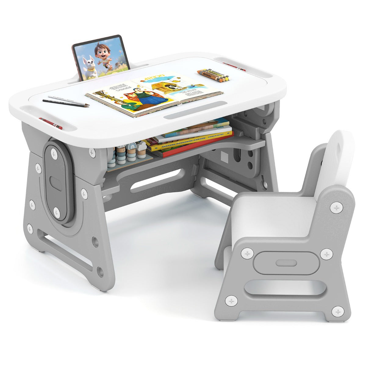 LIVSK Kindertafel en Stoel Set - Verstelbaar in Hoogte - Kantelbaar Whiteboard - Ergonomisch en Veilig Design - Grijs