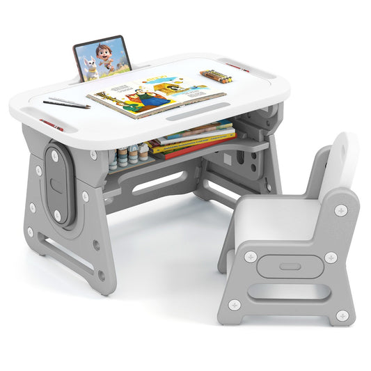 LIVSK Kindertafel en Stoel Set - Verstelbaar in Hoogte - Kantelbaar Whiteboard - Ergonomisch en Veilig Design - Grijs