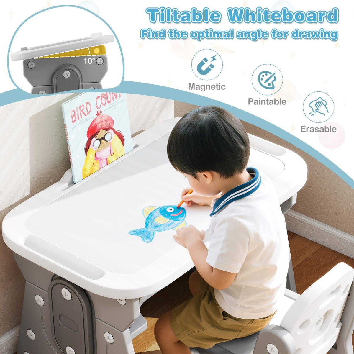 LIVSK Kindertafel en Stoel Set - Verstelbaar in Hoogte - Kantelbaar Whiteboard - Ergonomisch en Veilig Design - Grijs