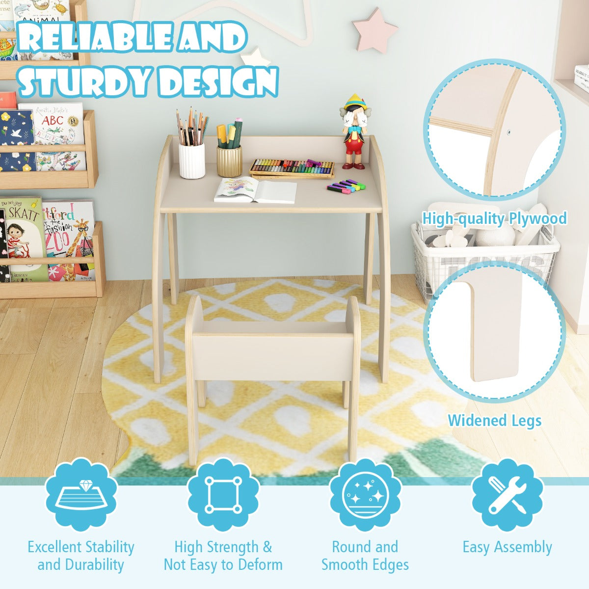LIVSK Kindermeubelset - Kindertafel en Stoel - Ergonomisch en Veilig - Ruimte voor Activiteiten - Tot 70 kg - Natuur/Wit
