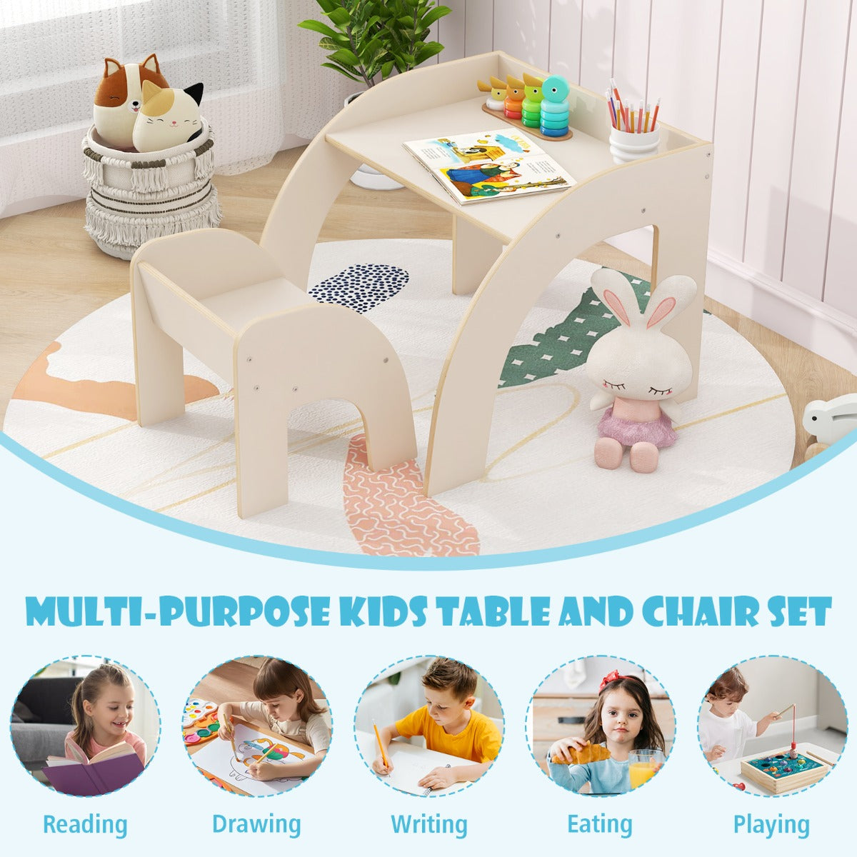 LIVSK Kindermeubelset - Kindertafel en Stoel - Ergonomisch en Veilig - Ruimte voor Activiteiten - Tot 70 kg - Natuur/Wit