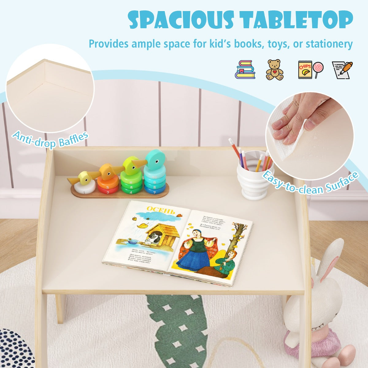 LIVSK Kindermeubelset - Kindertafel en Stoel - Ergonomisch en Veilig - Ruimte voor Activiteiten - Tot 70 kg - Natuur/Wit