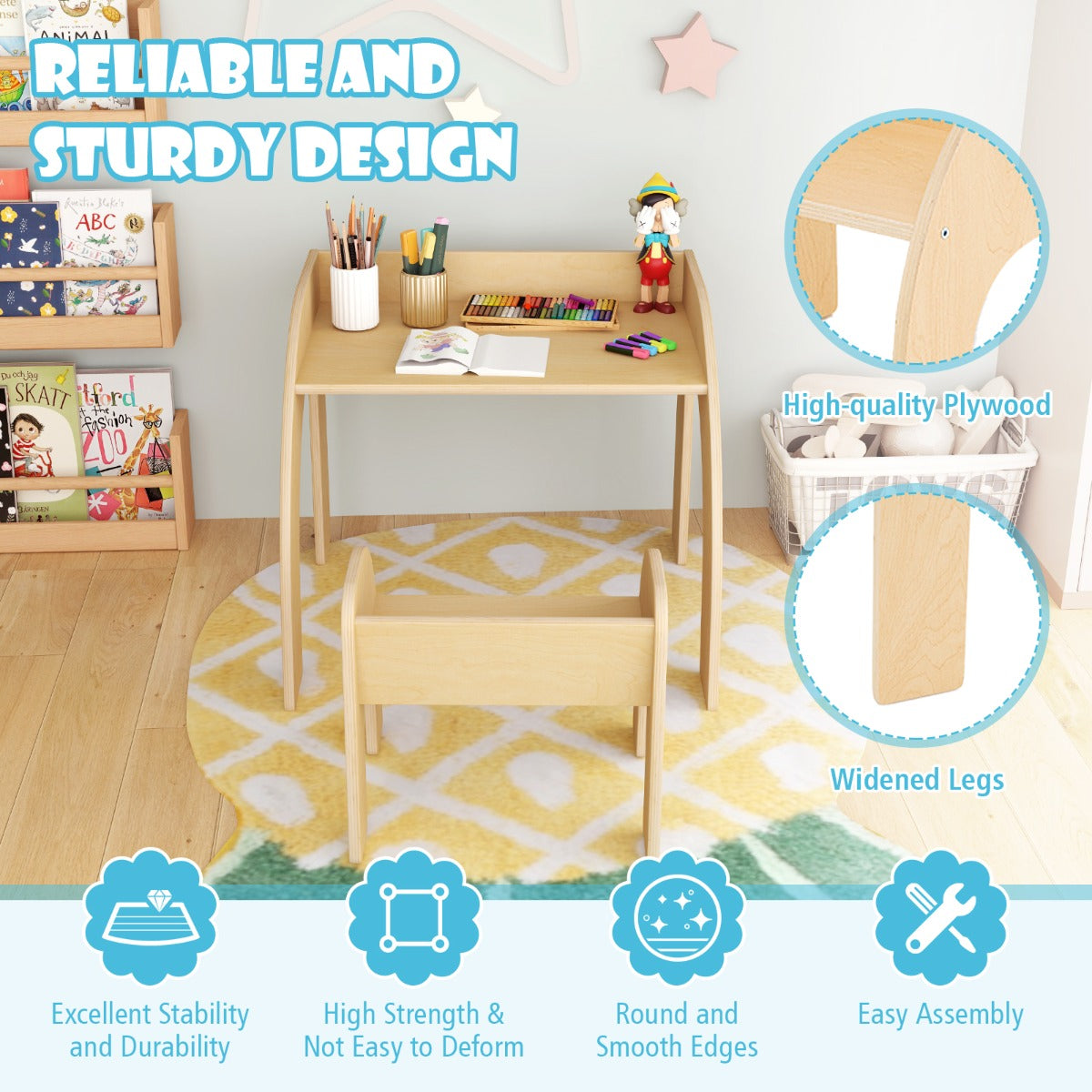LIVSK Kindermeubelset - Tafel en Stoel voor Kinderen - Ergonomisch en Veilig - Ruimtebesparend - Tot 70 kg - Natuur / Wit