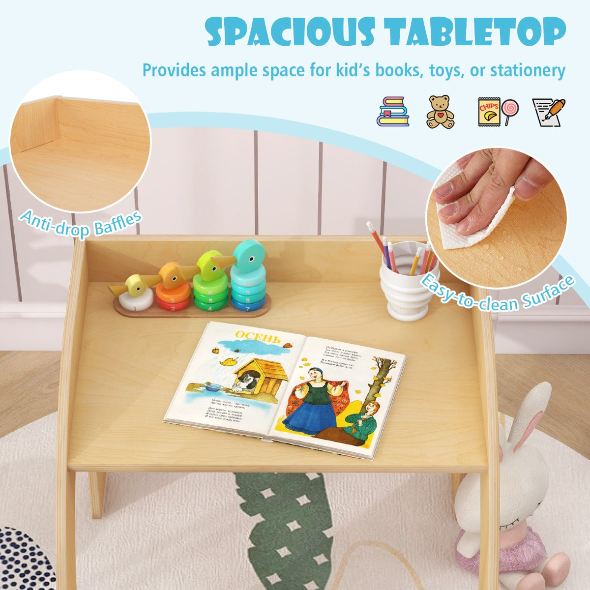 LIVSK Kindermeubelset - Tafel en Stoel voor Kinderen - Ergonomisch en Veilig - Ruimtebesparend - Tot 70 kg - Natuur / Wit