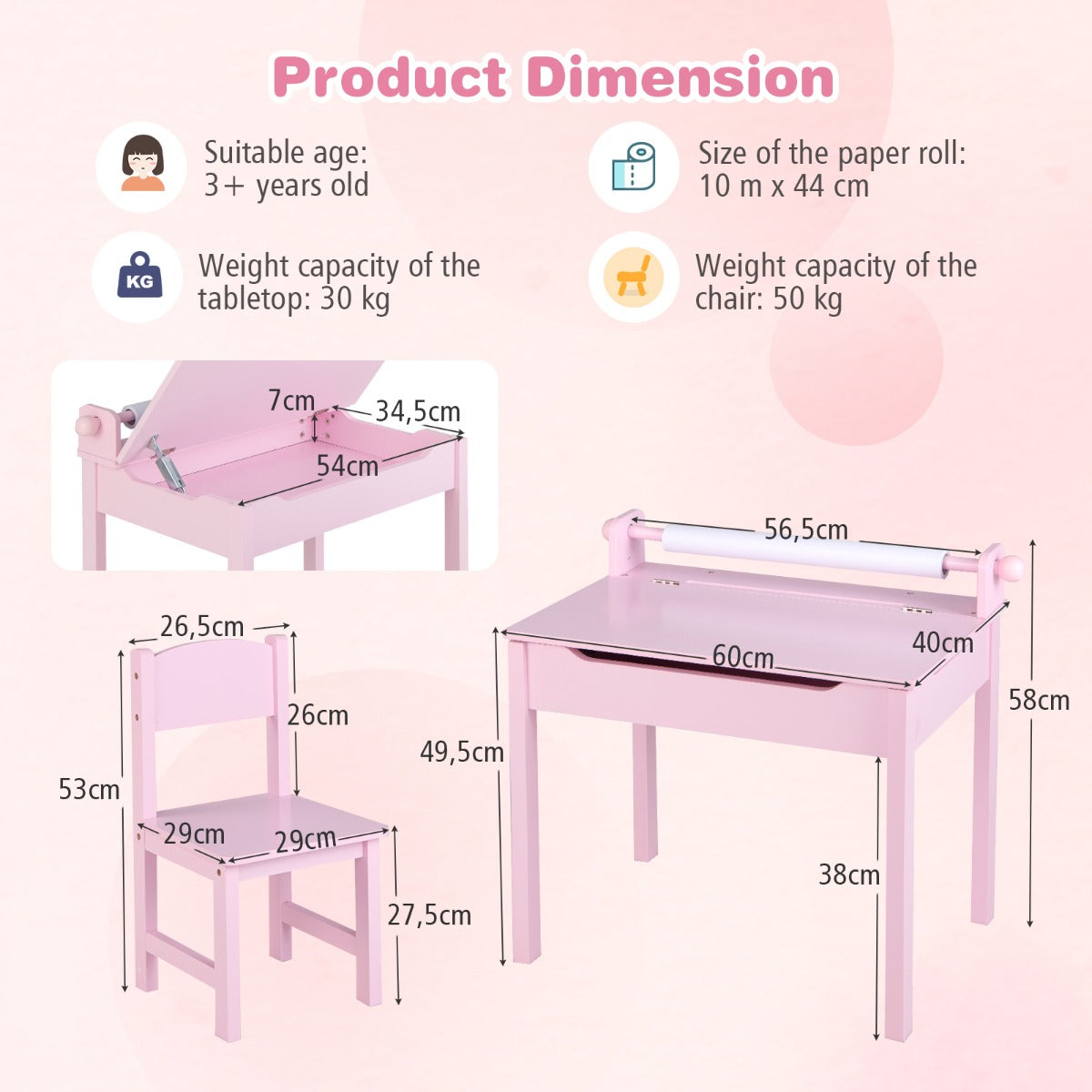 LIVSK Kindertafel- en Stoelenset - Opklapbaar met Opbergruimte - Veilig Kindvriendelijk Design - Massief Hout & MDF - Roze
