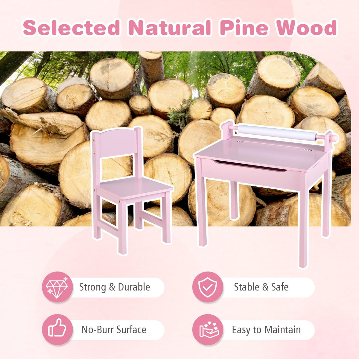 LIVSK Kindertafel- en Stoelenset - Opklapbaar met Opbergruimte - Veilig Kindvriendelijk Design - Massief Hout & MDF - Roze